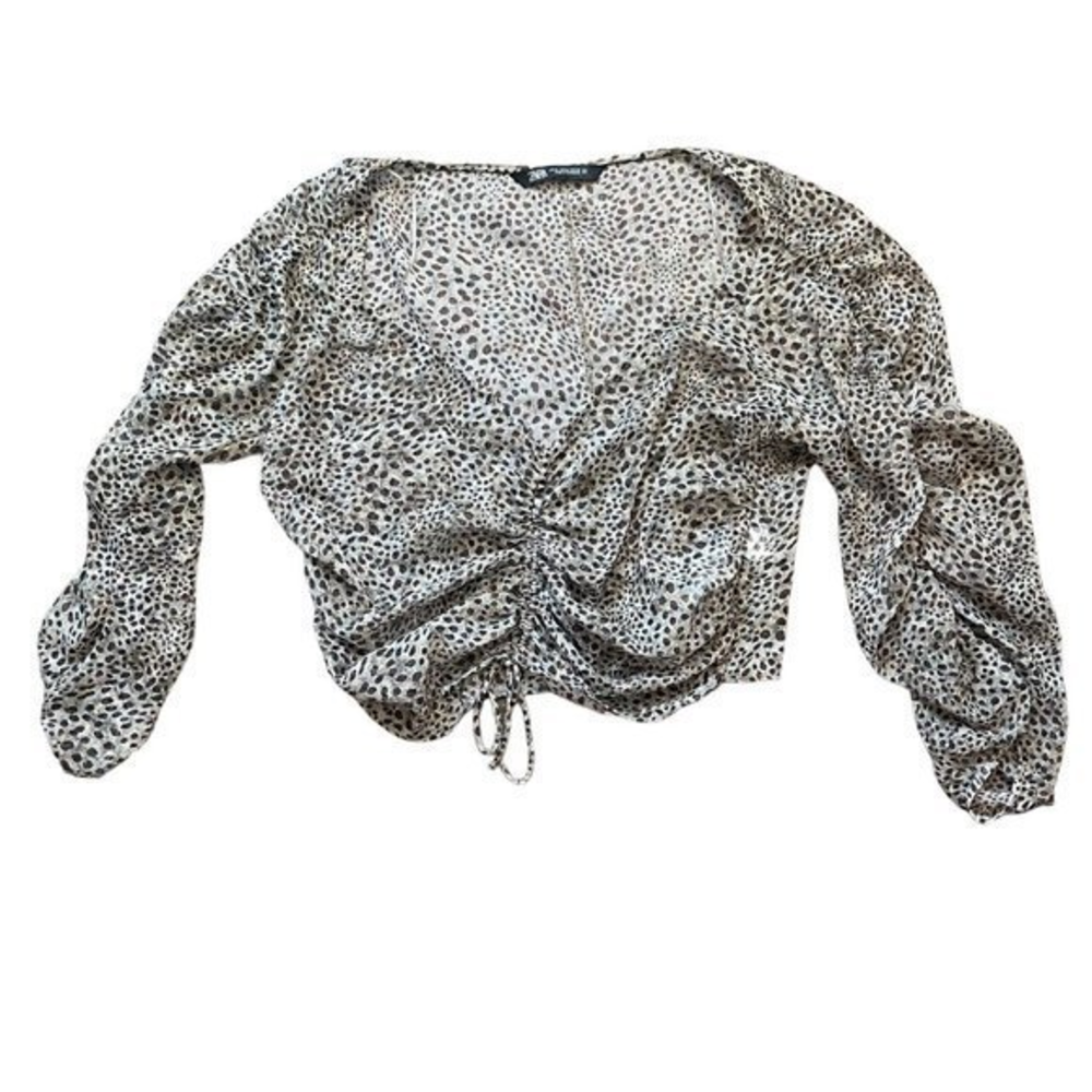 Zara Women's Sheer Leopard Print Adjustable Ruched Middle Crop Top Size XL